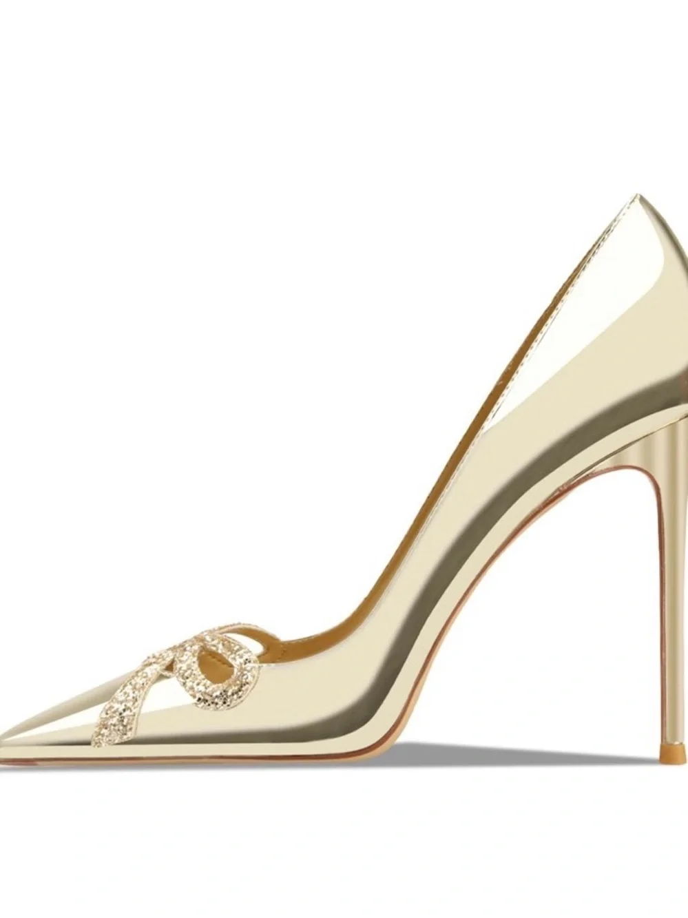 Gold Pointed-Toe Women's Flats with Glitter Bow